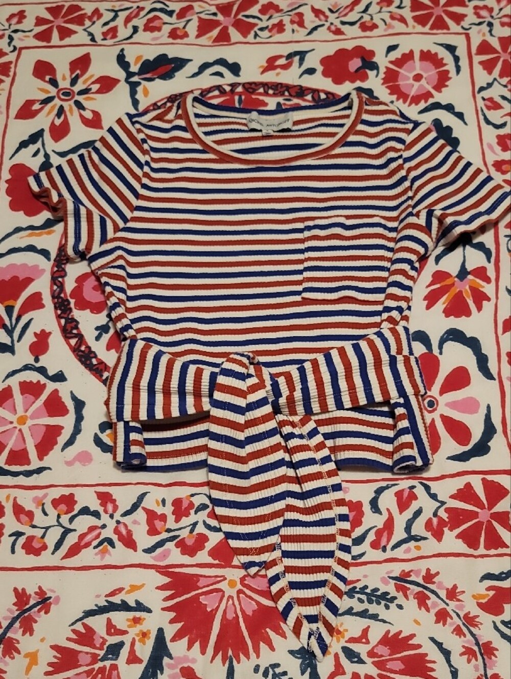 Rachel Antonoff Striped Short-Sleeve Tee in Rudt, Blue & White with Tie Detail